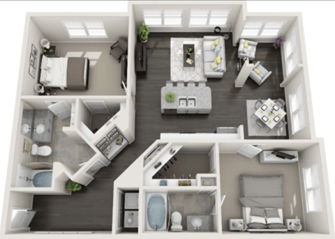 Floor plan for 2 beds, 2 baths, 1293 sqft